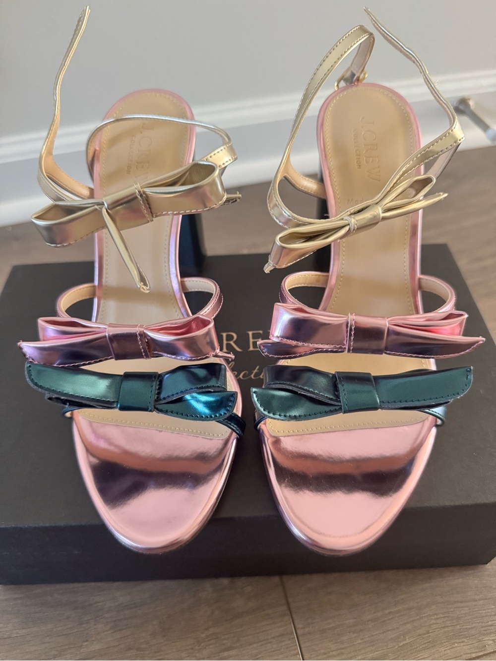 J. Crew Metallic Multi-Color Bow Strap Block Heels - Picture 3 of 6